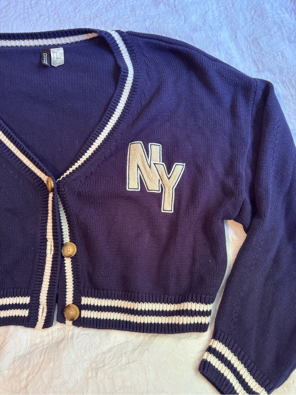 H&M Divided Women’s XL NY Varsity Cardigan Navy Cream Cropped Preppy